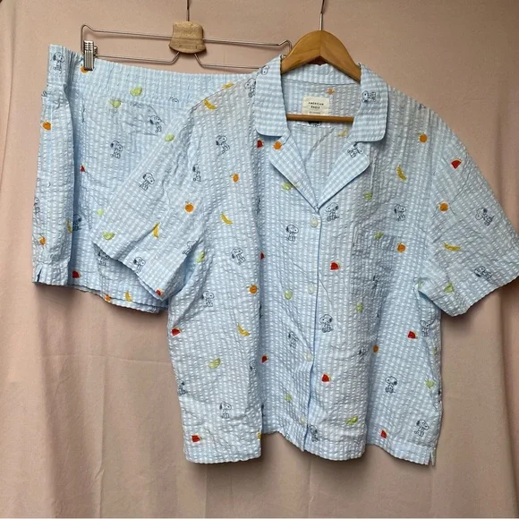 Peanuts x AE Snoopy Fruit Seersucker PJ Set XXL Blue Gingham Short Sleeve/Shorts - Picture 4 of 12